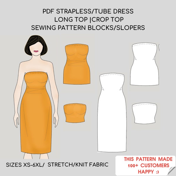 Strapless Tube Sewing Pattern Dress, Midi Tube Pdf, Pdf Strapless Top, Digital Sewing Pattern, Instant Download with 11 Printable Sizes