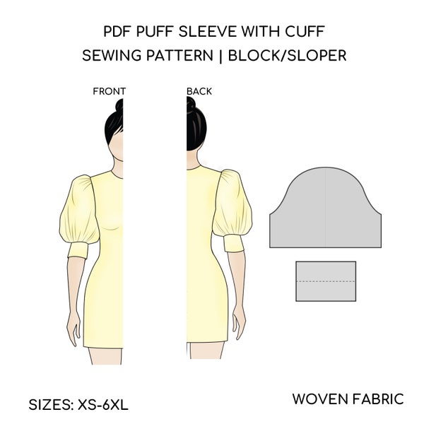 Pdf Puffy Sleeve with Cuff | Sewing Pattern Block | Easy Puff Sleeve Sewing Pattern | Long  Sleeve Pattern | Top Puff Sleeve Sewing |XXS-6XL