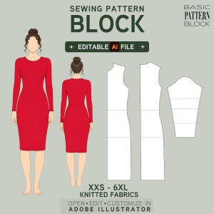 May include: A digital sewing pattern block for a long-sleeved dress, featuring front and back views of a red dress on a figure, alongside white technical pattern pieces. Text includes SEWING PATTERN BLOCK, EDITABLE Ai FILE, and XXS - 6XL KNITTED FABRICS.