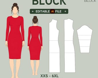 Knit Dress Sewing Pattern Block | Editable Vector, XXS-6XL (Digital Download)