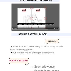 May include: A digital sewing pattern block guide featuring a video tutorial screenshot with labels A-2 and A-3, red circles highlighting alignment points, and text instructions. The document lists included base patterns and excluded features.