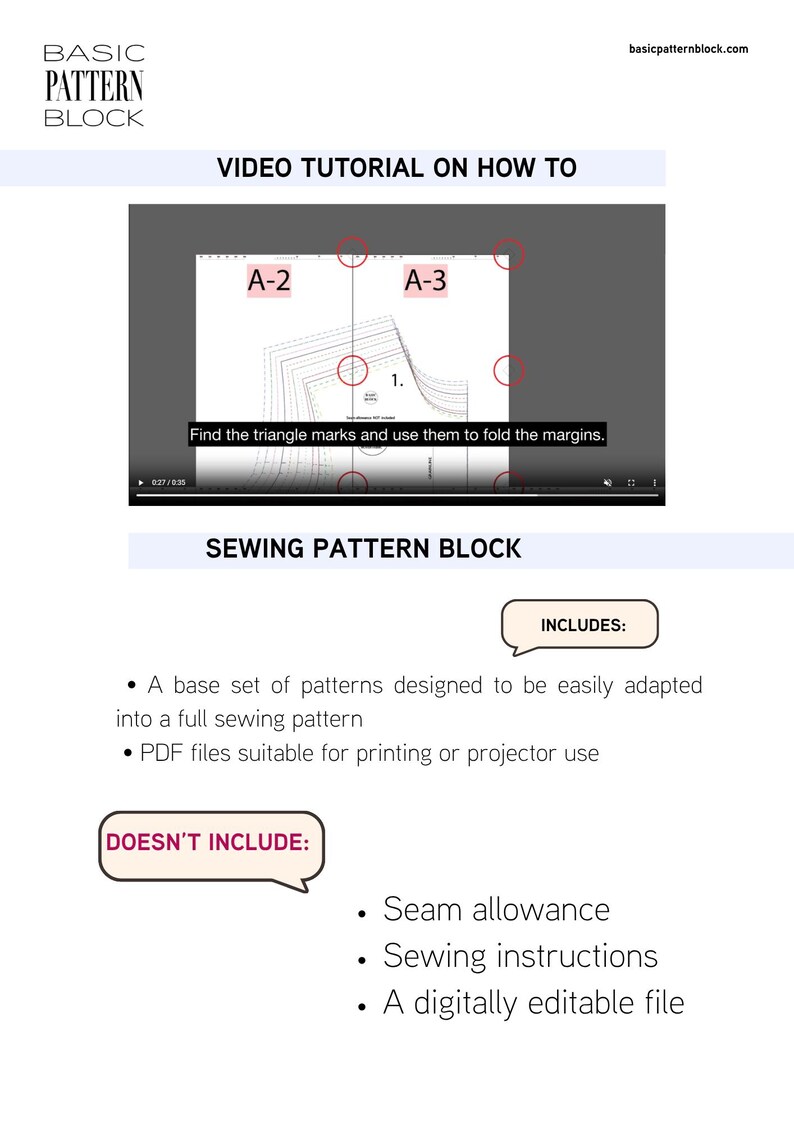 May include: A digital sewing pattern block guide featuring a video tutorial screenshot with labels A-2 and A-3, red circles highlighting alignment points, and text instructions. The document lists included base patterns and excluded features.