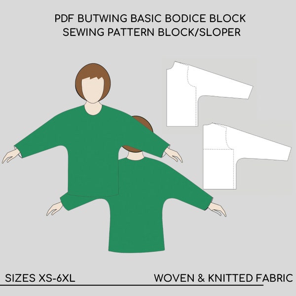 Batwing Top Pattern Block, Schnittmuster für Oberteile, PDF PDF für Bluse, Sloper Schnittmuster, Oberteil PDF Schnittmuster für Frauen