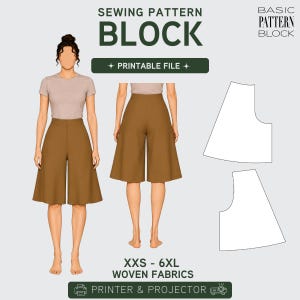 Op de afbeelding: Een digitaal naaipatroon voor een culotte, inclusief een printbaar bestand voor printer en projector. De afbeelding toont een voor- en achteraanzicht van een bruine culotte op een figuur, naast witte patroondelen, gelabeld XXS-6XL voor geweven stoffen.