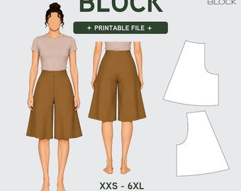 PDF | Flared Palazzo Culottes Sewing Pattern Block | A-Line Wide Leg | High Waist | XS-6XL