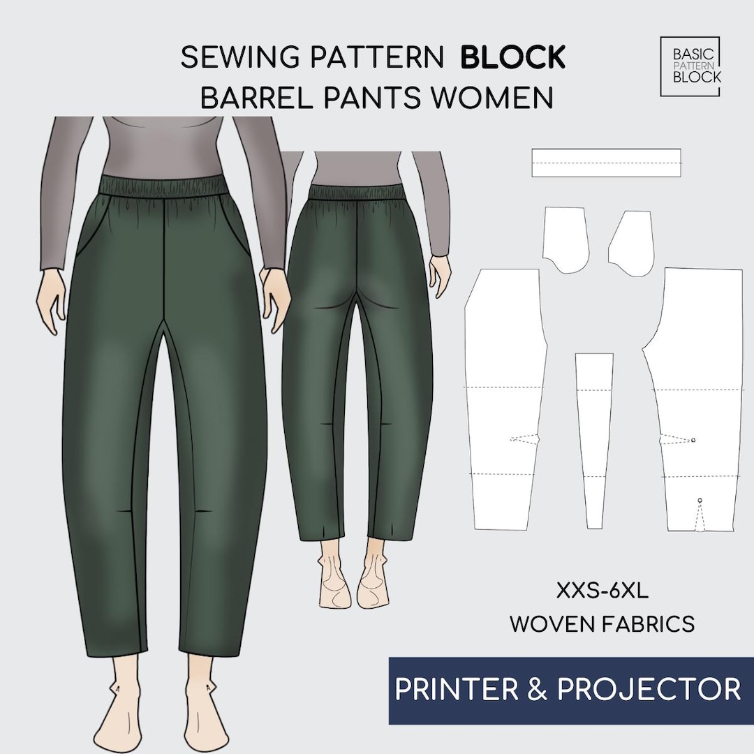 PDF | Barrel Pants Sewing Pattern Block | With Gusset & Pockets