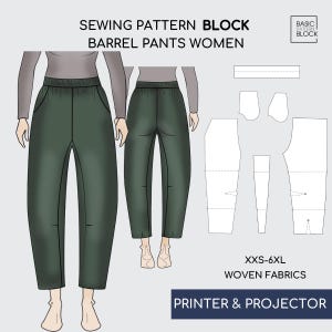 Könnte beinhalten: Illustration eines Schnittmusters für Ballonhosen. Das Bild zeigt Vorder- und Rückansichten der dunkelgrünen Hose sowie Schnittmusterteile. Text enthält "SEWING PATTERN BLOCK", "BARREL PANTS WOMEN", "XXS-6XL" und "WOVEN FABRICS".