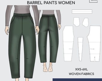 Patrón de costura para pantalones de barril con fuelle y bolsillos (tallas XXS-6XL) (Descarga PDF)
