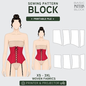 Könnte beinhalten: Ein Schnittmusterblock-Design mit einem roten Korsett mit schwarzer Schnürung und Strumpfhaltern. Das Bild enthält den Text "SEWING PATTERN BLOCK" und "PRINTABLE FILE". Die Größen reichen von XS bis 3XL für gewebte Stoffe.
