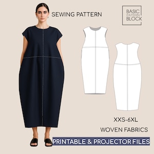 May include: A navy blue dress with short sleeves and a unique, rounded shape. The image also includes a sewing pattern diagram and text that reads "Sewing Pattern", "Basic Pattern Block", "XXS-6XL", "Woven Fabrics", and "Printable & Projector Files".