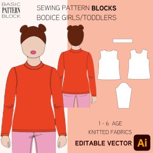 Bloc de patrons de couture pour t-shirts et pulls pour filles • Modèle basique pour enfants • 1-6 ans • Patron PDF