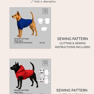 May include: A digital sewing pattern for dog clothing featuring a blue shirt and a red quilted hooded vest. The image displays technical drawings, size range XS-3XL, and text including SEWING PATTERN, CUTTING & SEWING INSTRUCTIONS INCLUDED.