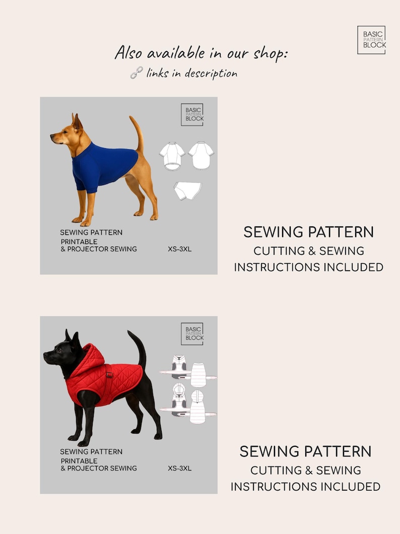 May include: A digital sewing pattern for dog clothing featuring a blue shirt and a red quilted hooded vest. The image displays technical drawings, size range XS-3XL, and text including SEWING PATTERN, CUTTING & SEWING INSTRUCTIONS INCLUDED.