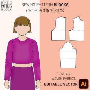 Może przedstawiać: Magenta zestaw crop top i spódnica z pasującą ilustracją dziecka. Obraz zawiera bloki wzorów szycia dla crop gorsetu dla dzieci. Tekst na obrazie brzmi "Basic Pattern Block", "Sewing Pattern Blocks", "Crop Bodice Kids", "1-12 Age", "Woven Fabrics" i "Editable Vector".