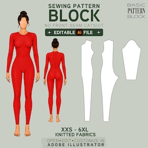 May include: A red catsuit illustration with front and back views, plus pattern pieces. Text reads "SEWING PATTERN BLOCK" and "NO FRONT SEAM CATSUIT." Additional text includes "EDITABLE AI FILE," "XXS - 6XL KNITTED FABRICS," and "OPEN EDIT CUSTOMIZE IN ADOBE ILLUSTRATOR."