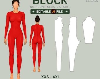 EDITABLE PDF | Catsuit Sewing Pattern Block | No Front Seam | Knit Fabric | XXS-6XL