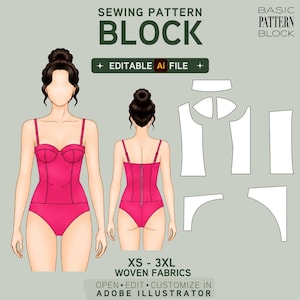 May include: A digital sewing pattern block for a corset-style bodysuit in sizes XS to 3XL for woven fabrics. The image displays a front and back view of the garment in bright pink, alongside white pattern pieces and text: SEWING PATTERN BLOCK, EDITABLE Ai FILE, BASIC PATTERN BLOCK, XS - 3XL WOVEN FABRICS, OPEN EDIT CUSTOMIZE IN ADOBE ILLUSTRATOR.