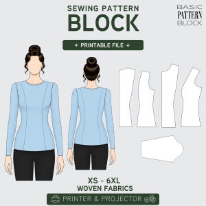 Puede incluir: Un diseño de patrón de costura con una blusa azul claro de manga larga y pantalones negros. El texto "SEWING PATTERN BLOCK" se muestra en la parte superior, con "PRINTABLE FILE" debajo. El texto adicional incluye "XS - 6XL WOVEN FABRICS" y "PRINTER & PROJECTOR".