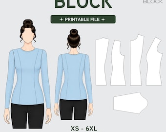 PDF Princess Seam Torso Sewing Pattern Block | Long Sleeve Bodice | Woven Fabric | XS-6XL