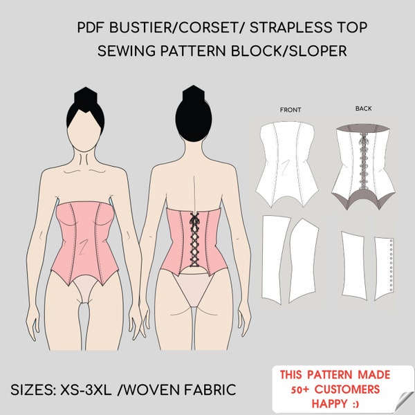 Pdf Strapless Bodice/Corset Pdf Sewing Pattern, Bustier Top Sewing Block, Corset Pattern,  | Sizes XS_3XL