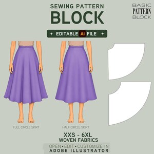 Może przedstawiać: Cyfrowy wykroj krawiecki spódnicy z tekstem SEWING PATTERN BLOCK, EDITABLE Ai FILE, FULL CIRCLE SKIRT, HALF CIRCLE SKIRT oraz XXS - 6XL WOVEN FABRICS. Obraz przedstawia dwie fioletowe spódnice i dwa białe szablony wykrojów.