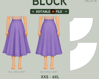 EDITABLE PDF | Full & Half Circle Skirt Sewing Pattern Block | 2 Styles | Woven Fabric | XXS-6XL