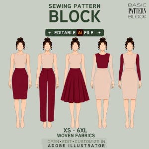 EDITABLE PDF | Basic Sewing Pattern Block Bundle | Bodice Sleeves Skirt Pants Circle Skirt | Woven