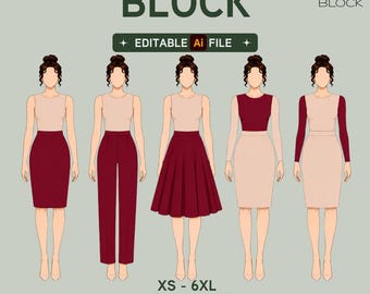 EDITABLE PDF | Basic Sewing Pattern Block Bundle | Bodice Sleeves Skirt Pants Circle Skirt | Woven