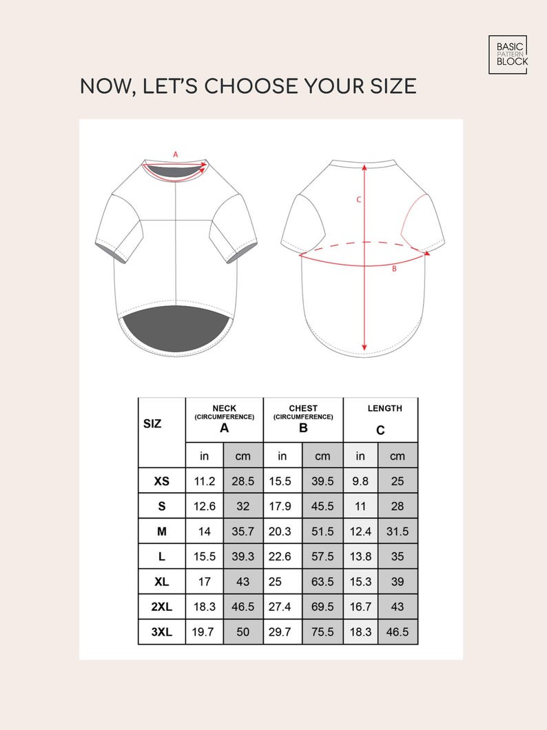 May include: A sizing chart for a pet shirt featuring two line drawings of a garment with red arrows indicating neck circumference A, chest circumference B, and length C. A table provides measurements in inches and centimeters for sizes XS to 3XL.