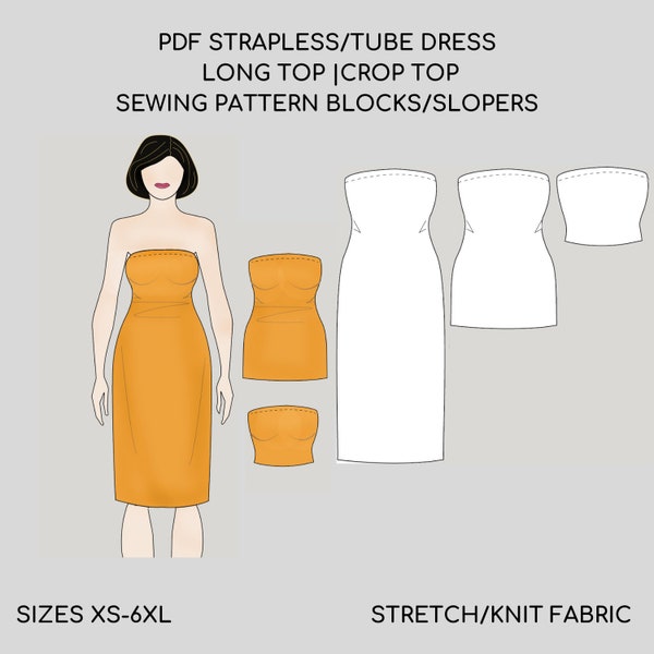 Strapless Tube Sewing Pattern Dress, Midi Tube Pdf, Pdf Strapless Top, Digital Sewing Pattern, Instant Download with 11 Printable Sizes