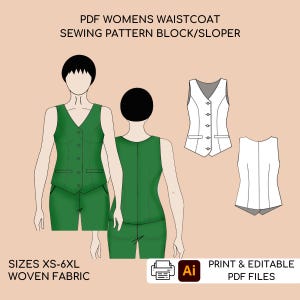 Women's Waistcoat Sewing Pattern Block | Vest Pdf Pattern | V-neck Buttoned Waistcoat | Sizes Regular & Plus Sizes