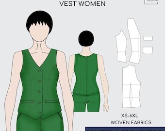 Patrón de costura para chaleco abotonado de mujer • Chaleco con cuello en V, tallas XS-6XL
