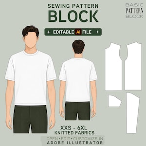May include: A digital sewing pattern block for a t-shirt, featuring a front and back view of a figure in a white shirt and dark pants, alongside flat pattern pieces. Text includes SEWING PATTERN BLOCK, EDITABLE Ai FILE, and XXS - 6XL KNITTED FABRICS.