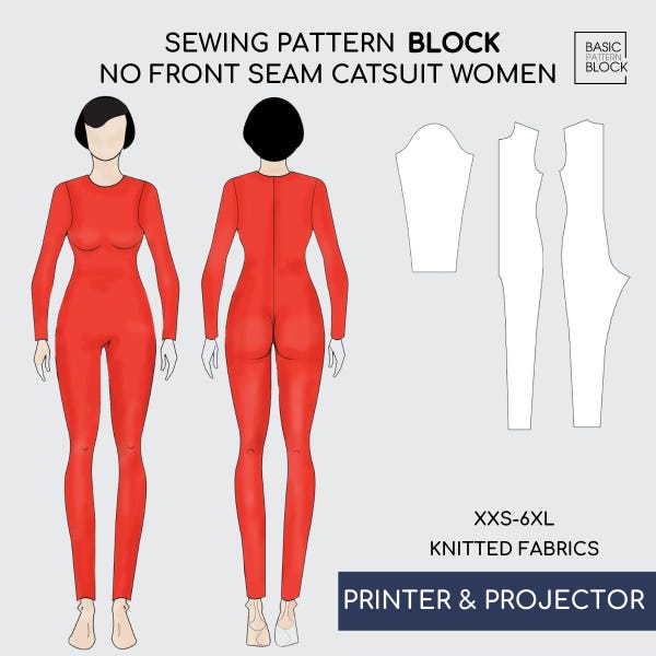 Catsuit Sewing Pattern  Block • Seamless Front Bodysuit Sloper (PDF Download) • Sizes XXS-6XL