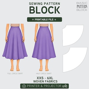 May include: A sewing pattern block for a full and half circle skirt. The image shows two illustrations of a skirt in a vibrant purple colour. The text on the image reads "Sewing Pattern Block", "Printable File", "XXS - 6XL Woven Fabrics", and "Printer & Projector".