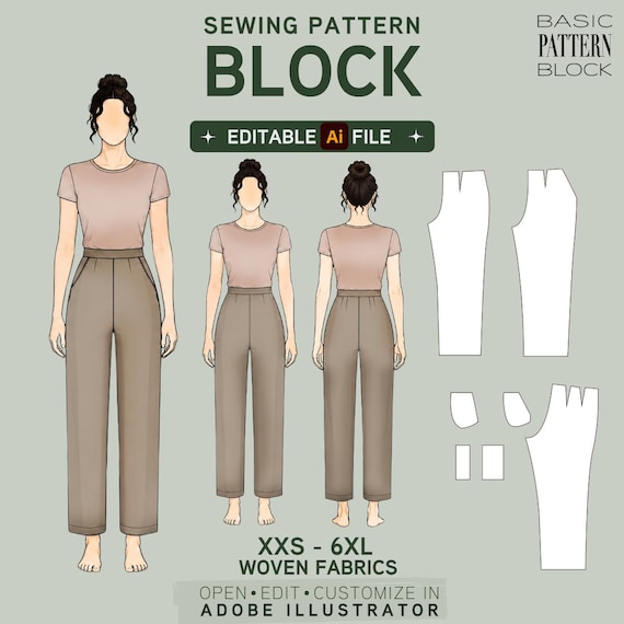 EDITABLE PDF | Women's High Waist Straight Trousers Pattern Block
