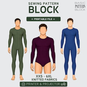 May include: A digital sewing pattern block for knitted fabrics in sizes XXS to 6XL. The image displays three illustrations of figures wearing long-sleeved garments in olive green, dark purple, and blue. Text includes SEWING PATTERN BLOCK, PRINTABLE FILE, and PRINTER & PROJECTOR.