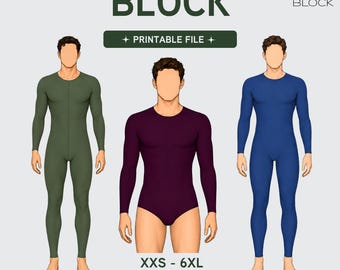 PDF | Men's Bodysuit Bundle | Knit Leotard Bodysuit Long Sleeve Catsuit | 3 Blocks | XXS-6XL