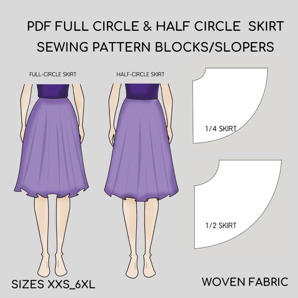 PDF Full Circle Skirt Sewing Pattern Block & Half Circle Skirt Sewing  Pattern Blocks | Sizes XXS-6XL