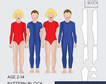 Bloques de patrones de costura para mono y leotardo infantil: Traje de gimnasia • Edades 2-14 (Descargar PDF)