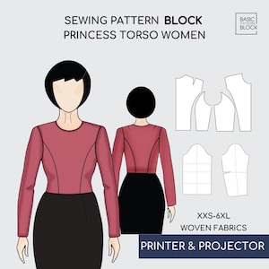 May include: Illustration of a sewing pattern block for a princess torso. The image shows a front and back view of a woman wearing a red top and black skirt. The text reads "SEWING PATTERN BLOCK PRINCESS TORSO WOMEN" and "XXS-6XL WOVEN FABRICS".