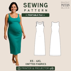 Peut inclure: Un patron de couture pour une robe débardeur sans manches, incluant un fichier imprimable pour tissus tricotés en tailles XS-6XL. Le design comprend un bloc de patron de base, compatible imprimante et projecteur, avec vue avant et arrière.