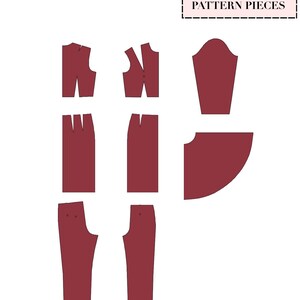 May include: A digital illustration of maroon sewing pattern pieces on a white background. The text BASIC PATTERN BLOCK appears in the top left, and the text PATTERN PIECES is inside a dashed rectangle. The pieces include bodice, sleeve, skirt, and pant parts.