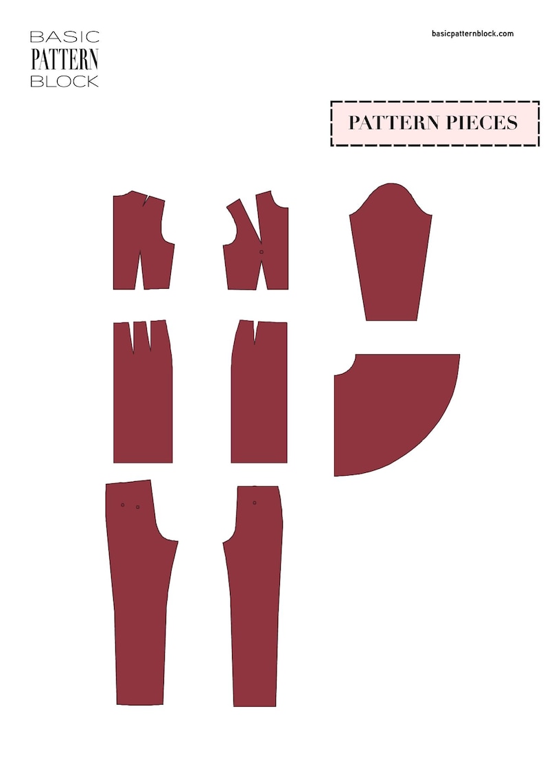 May include: A digital illustration of maroon sewing pattern pieces on a white background. The text BASIC PATTERN BLOCK appears in the top left, and the text PATTERN PIECES is inside a dashed rectangle. The pieces include bodice, sleeve, skirt, and pant parts.