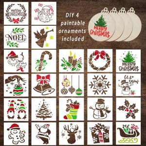 May include: A collection of twenty-five square stencils featuring various Christmas-themed designs including Santa, snowmen, reindeer, trees, and snowflakes. The set includes four round, light-coloured wooden ornaments for painting projects.