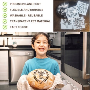 May include: A set of four reusable baking stencils, including a wheat design, a flower design, a star design, and a "Baked with Love" design. The stencils are made of transparent plastic and are 6 inches in diameter.