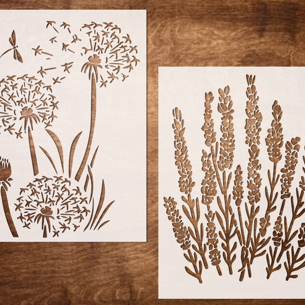 Lavender and Dandelion Stencil for Painting on Wood, Canvas, Furniture, Crafts - Reusable Flower Stencils (6"X8")