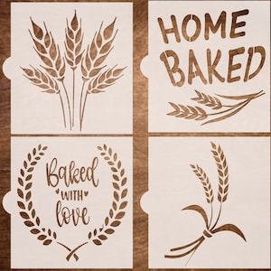 Set of 4 Fresh Bread Stencils - Sourdough Bread Stencil - Baking Decoration, Wheat Dove Baked with Love Reusable Stencil