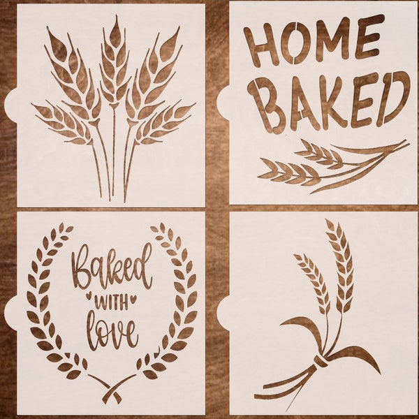 Set of 4 Fresh Bread Reusable Stencils - Sourdough Bread Stencil - Baking Decoration, Wheat Dove Baked with Love Stencil