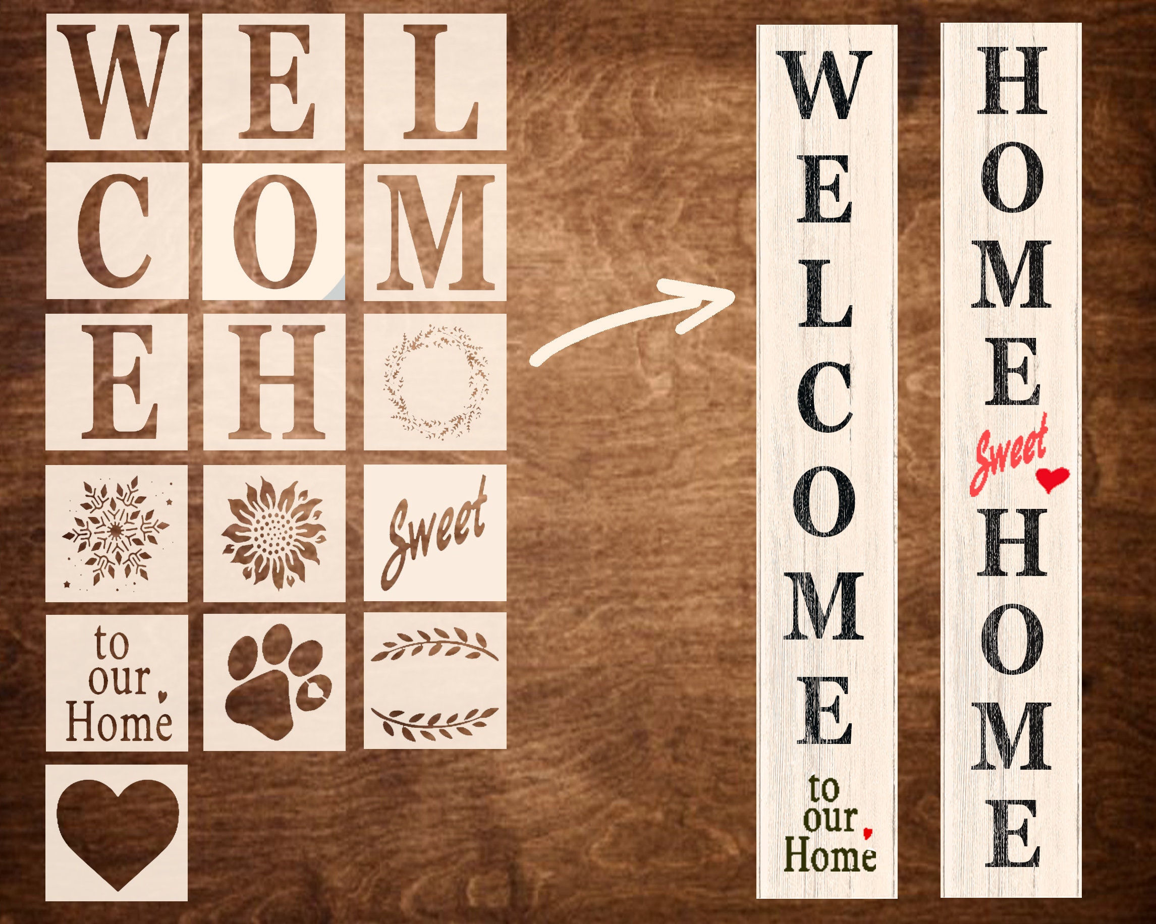 Vertical or Horizontal HSH & WELCOME Stencils for Wood Signs - Etsy